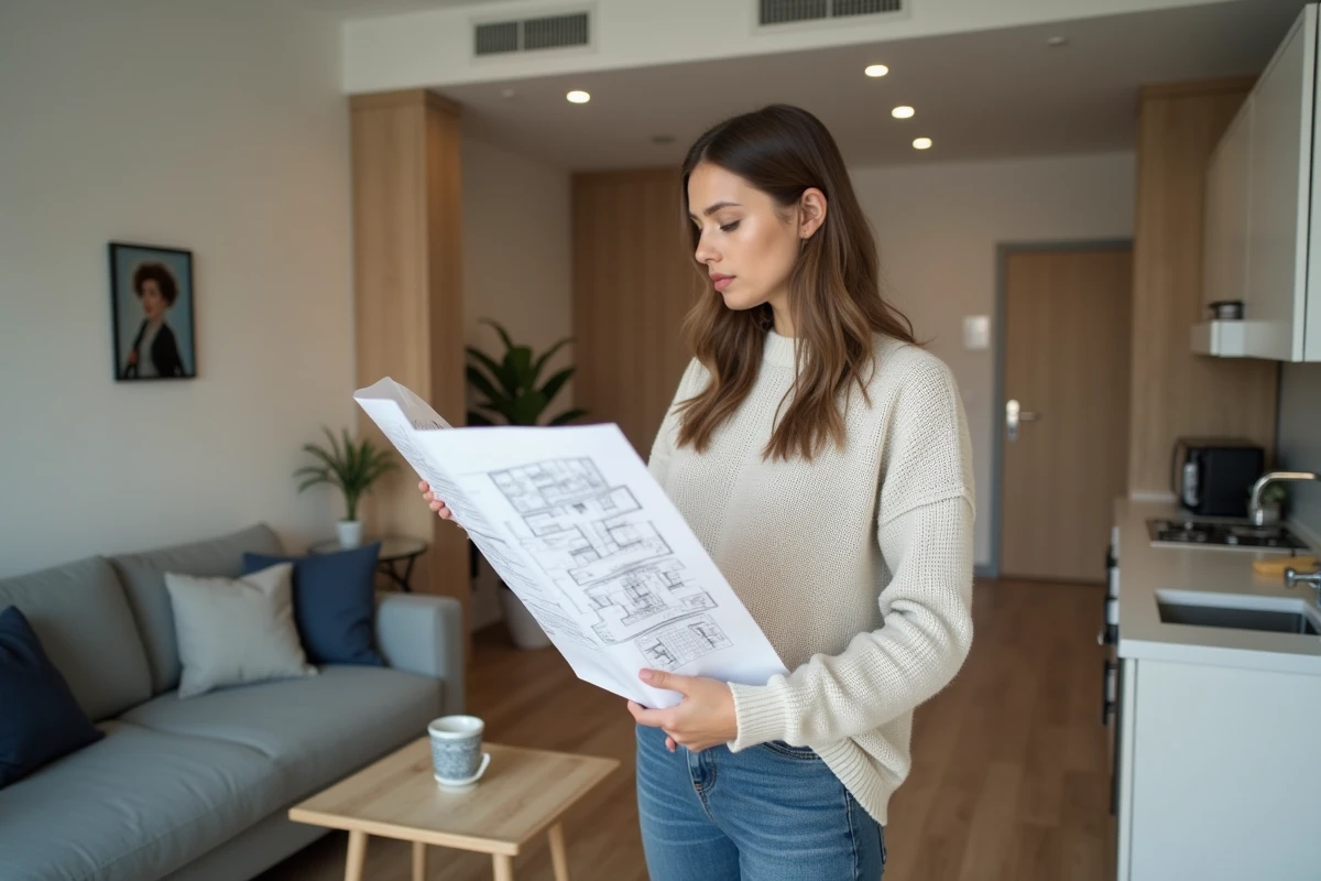 Jeune femme avec plan dans un appartement moderne