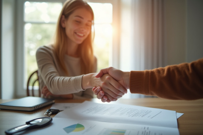 Jeune femme et propriétaire se serrant la main dans un appartement lumineux