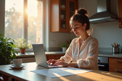 Jeune femme travaillant à la maison avec documents et ordinateur