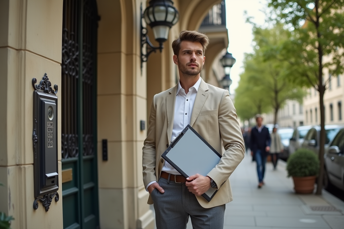 Jeune homme devant une entrée d appartement classique