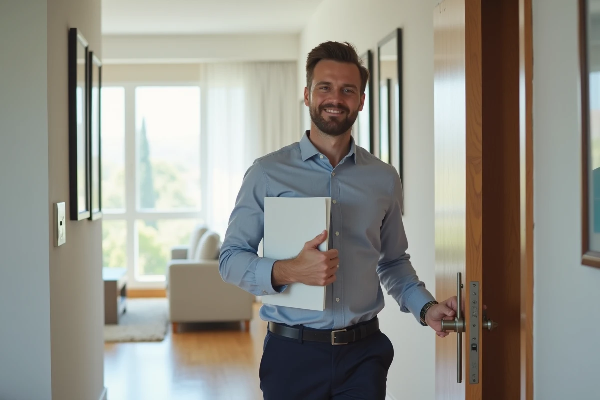 Jeune homme souriant entrant dans un appartement