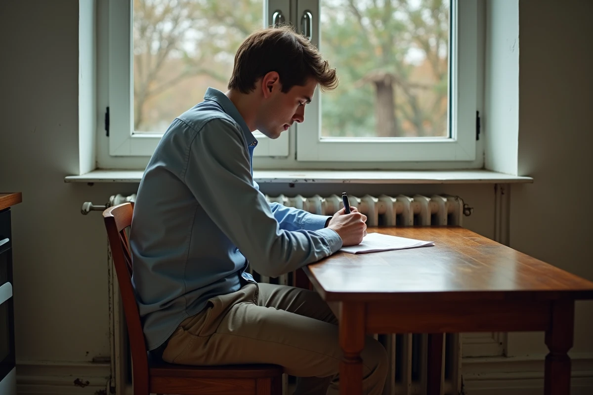 Jeune homme à la table de cuisine remplissant des documents