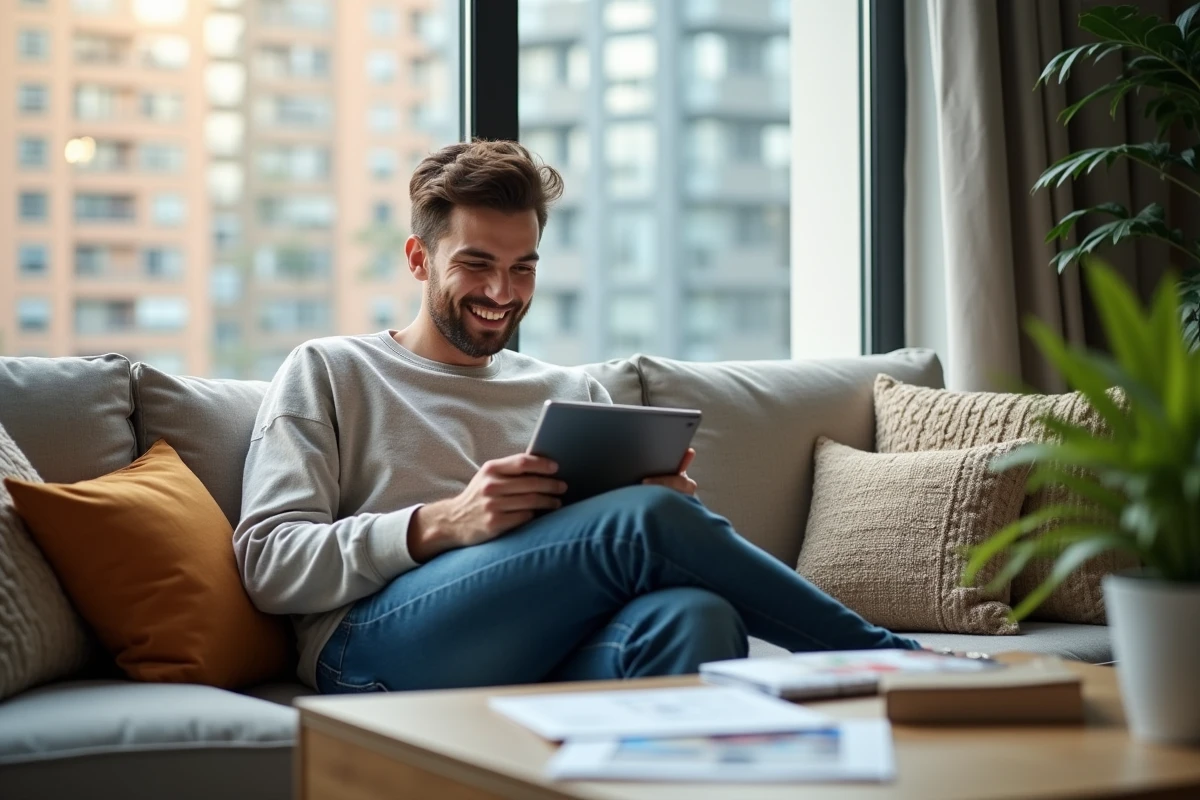 Jeune homme souriant utilisant une tablette dans un salon moderne