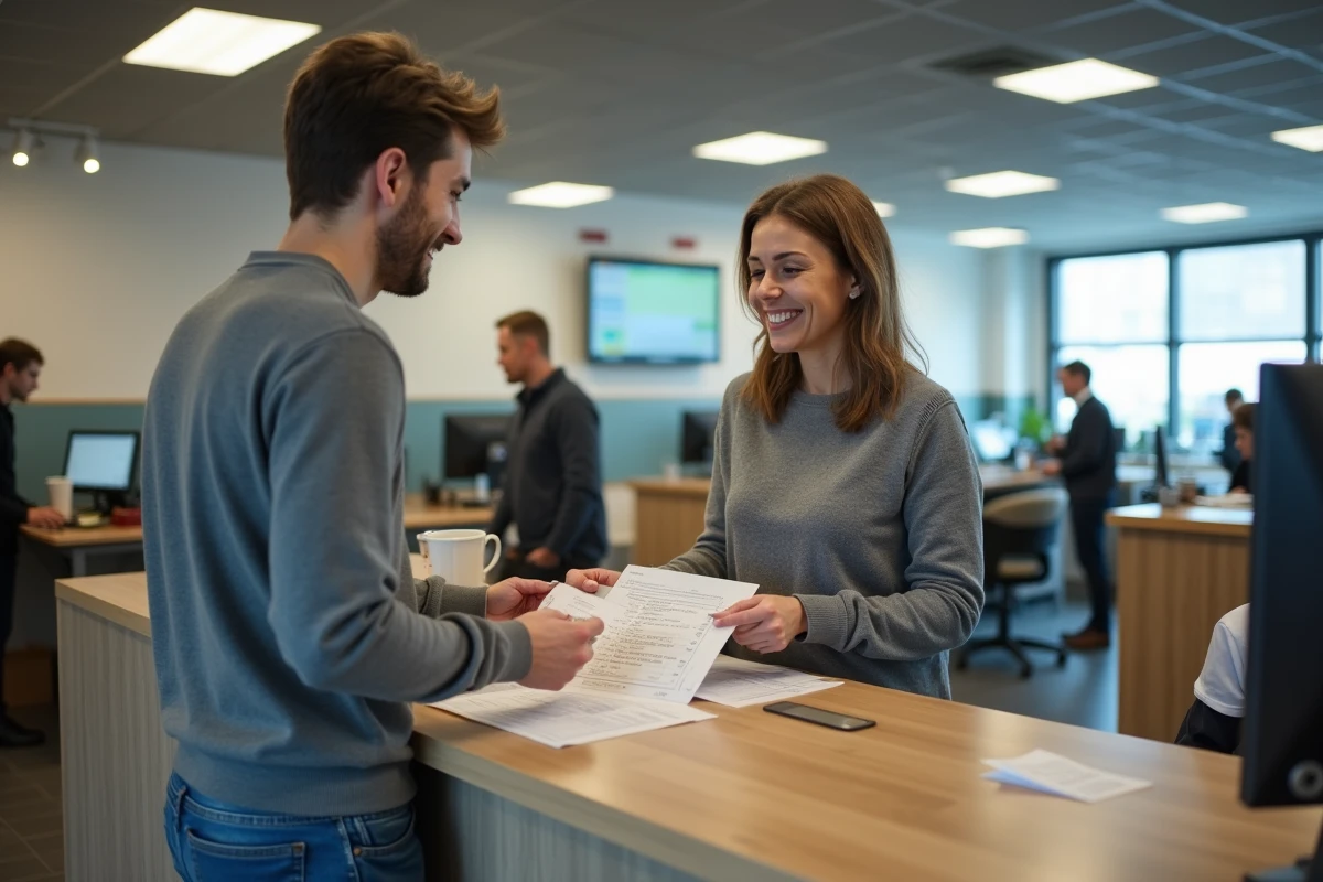 Jeune homme et réceptionniste au centre de service public
