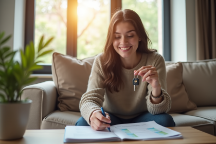 Jeune personne souriante avec clés et documents d'assurance