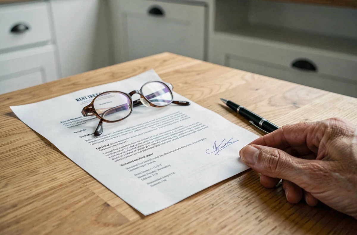 Lettre officielle de hausse de loyer sur une table avec des lunettes et un stylo