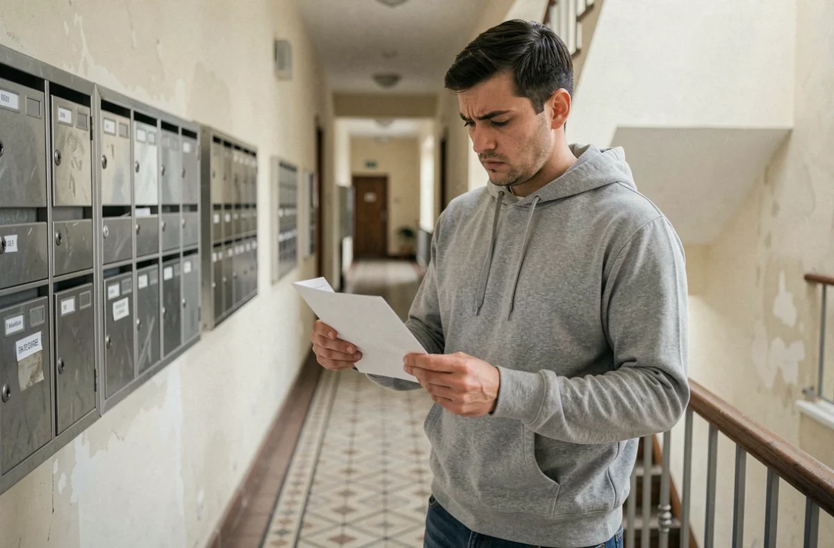 Locataire lisant un avis de hausse de loyer dans le couloir d'un immeuble ancien