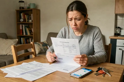 Locataire inquiète relisant son contrat de location meublée à la recherche d'informations sur le délai de restitution de la caution