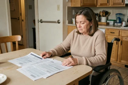 Locataire en fauteuil roulant examiant un contrat de bail dans son appartement adapté