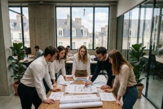 Équipe de professionnels qui planifie une location de bureaux à Rennes autour d'une table de réunion moderne