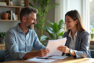 Propriétaire remettant des documents à une locataire dans un salon lumineux