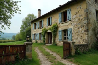 Maison abandonnée en pierre en milieu rural français avec volets délabrés et portail rouillé envahi par le lierre