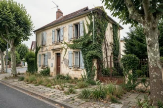 Maison abandonnée à vendre en Île-de-France avec façade délabrée, portail rouillé et jardin envahi par les mauvaises herbes