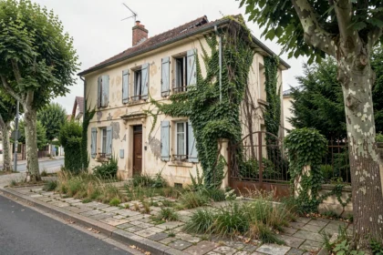 Maison abandonnée à vendre en Île-de-France avec façade délabrée, portail rouillé et jardin envahi par les mauvaises herbes