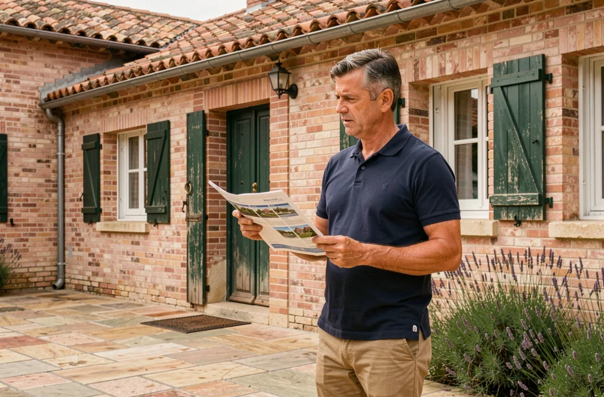Homme tenant des annonces immobilières devant une maison en brique rose à Toulouse pour une location