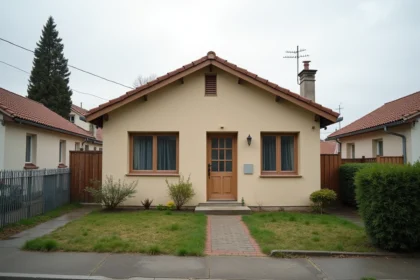 Maison individuelle modeste avec petit jardin clôturé dans un quartier résidentiel français, typique d'une location à 600 euros