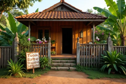 Maison traditionnelle thaïlandaise en bois à vendre dans un village rural entourée de végétation tropicale luxuriante