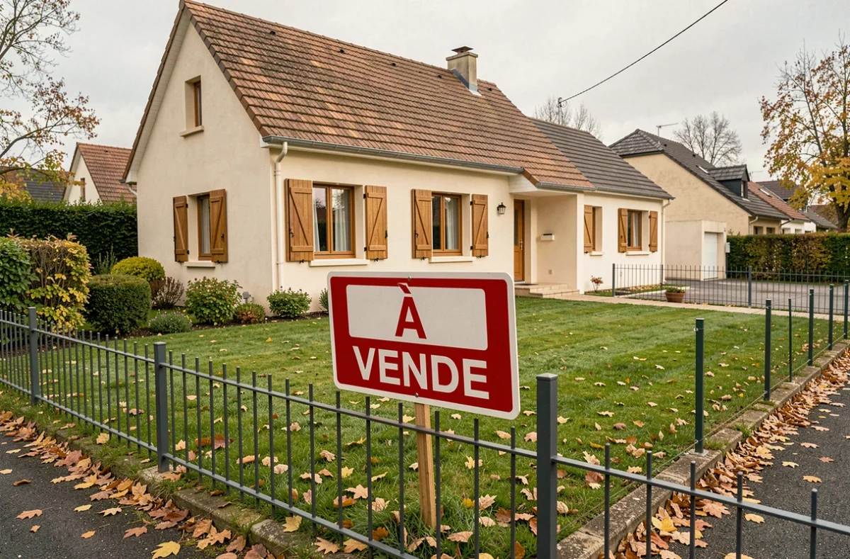 Maison individuelle en vente avec panneau immobilier dans un quartier résidentiel de Loire-Atlantique suite à un divorce