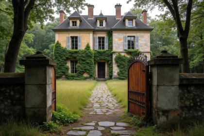 Manoir français du XIXe siècle à vendre à 1 euro symbolique, façade en pierre weathered avec volets craquelés et jardin abandonné