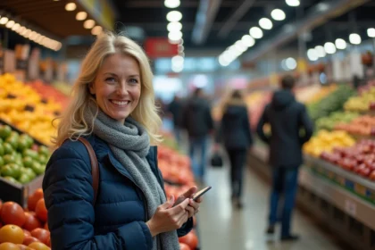 Femme souriante examinant des produits frais au marché de Conflans