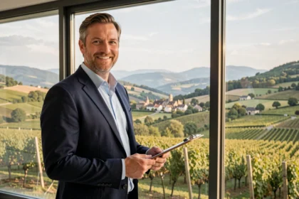 Agent immobilier professionnel devant un paysage de l'Ain, représentant le marché immobilier local