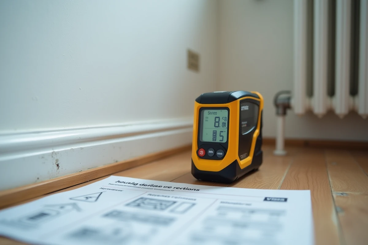 Télémètre laser mesurant la superficie d'une petite chambre avec document de loi Boutin sur le sol