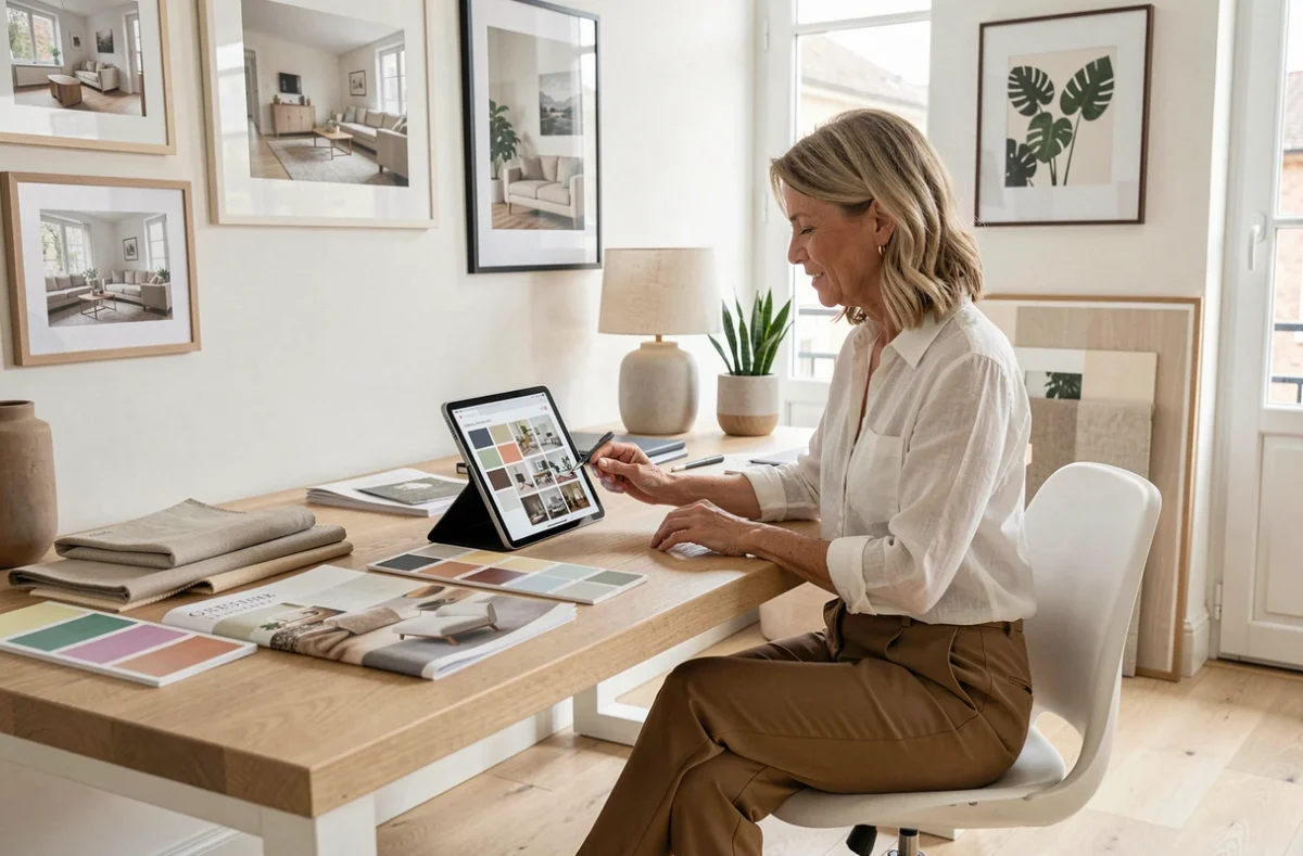 Designer d'intérieur de MF Intérieurs consultant un tableau d'ambiance dans un studio de design épuré à Toulouse