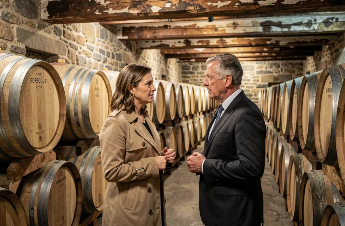 Deux professionnels discutant d'un achat de vignoble dans un chai bordelais traditionnel entouré de fûts en chêne