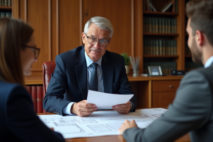 Notaire mature en costume lisant un document juridique