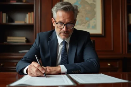 Notaire d'âge moyen en costume examinant des documents immobiliers