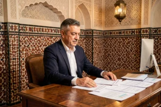 Notaire marocain examinant des documents de vente immobilière dans un bureau traditionnel de Marrakech avec carrelage zellige