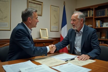 Un homme signe des documents officiels pour obtenir un terrain gratuit auprès d'une commune française dans un bureau de mairie