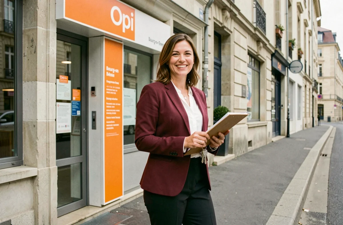 Agente immobilière devant l'agence Orpi de Bourg-en-Bresse avec la signalétique orange caractéristique