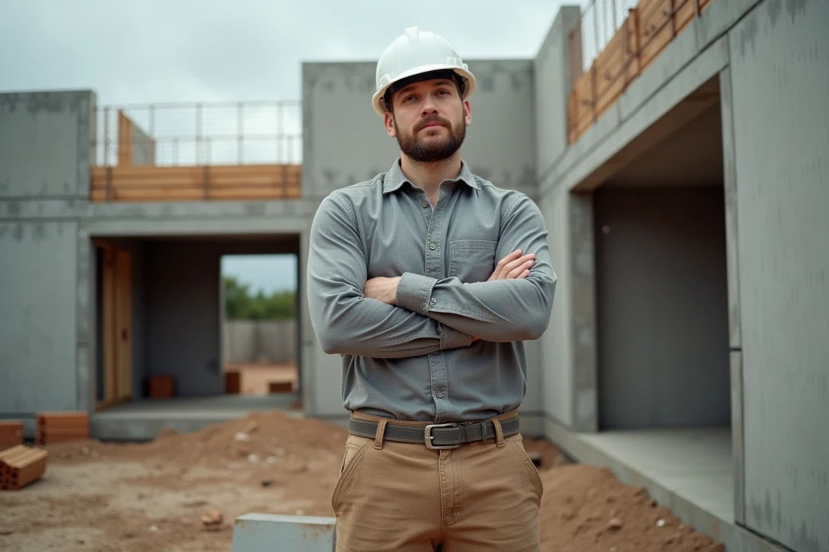 Ouvrier du bâtiment devant une structure en béton partiellement construite sur un chantier résidentiel