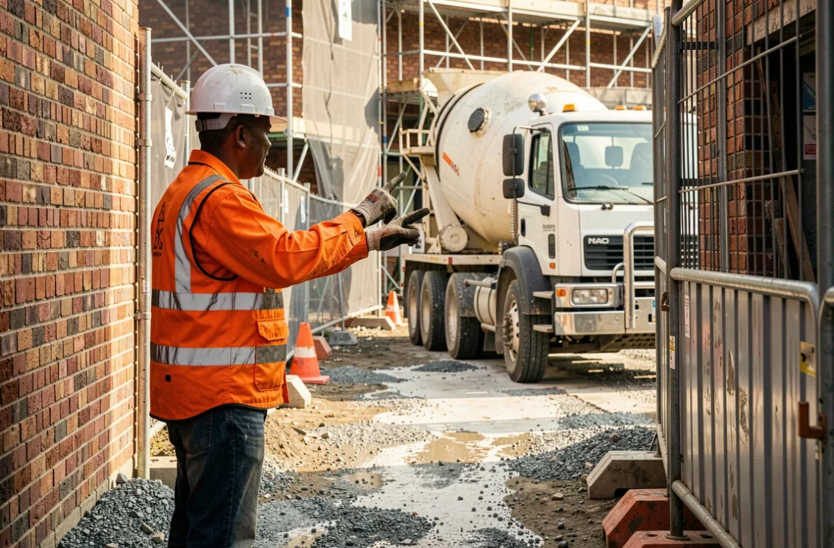 Ouvrier guidant une toupie béton sur un chantier urbain à accès restreint avec échafaudages et barrières de sécurité