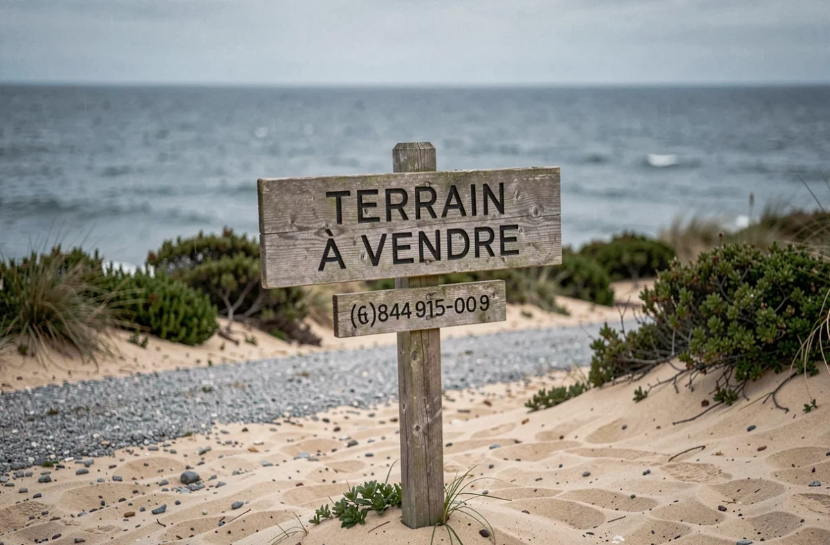 Panneau terrain à vendre planté dans le sol face à la mer en Bretagne