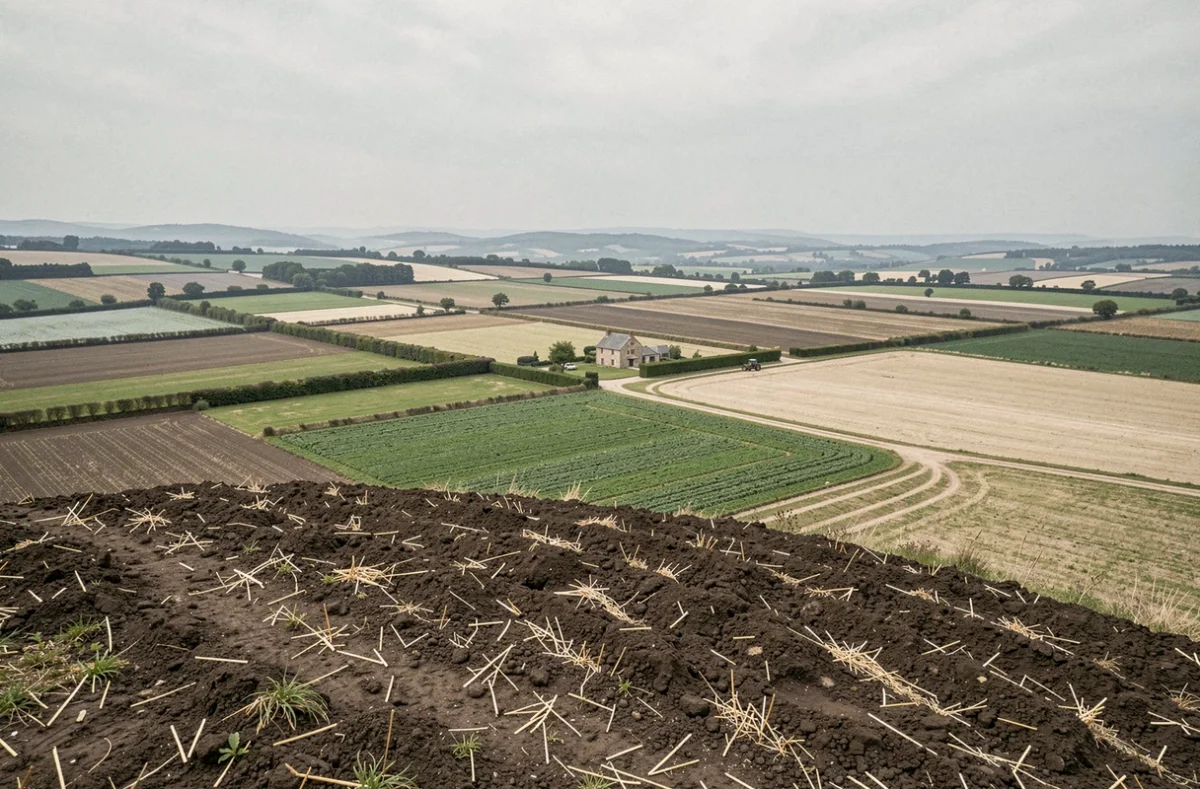 Vue panoramique de parcelles agricoles divisées en location dans la campagne française
