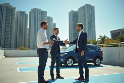 Stationnement urbain moderne avec voiture et échange de clés