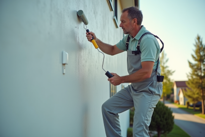 Peintre en overalls peignant une maison moderne