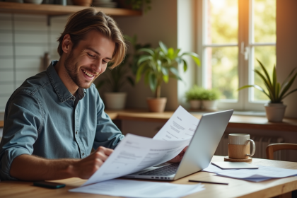 Personne souriante vérifiant documents fiscaux à la maison