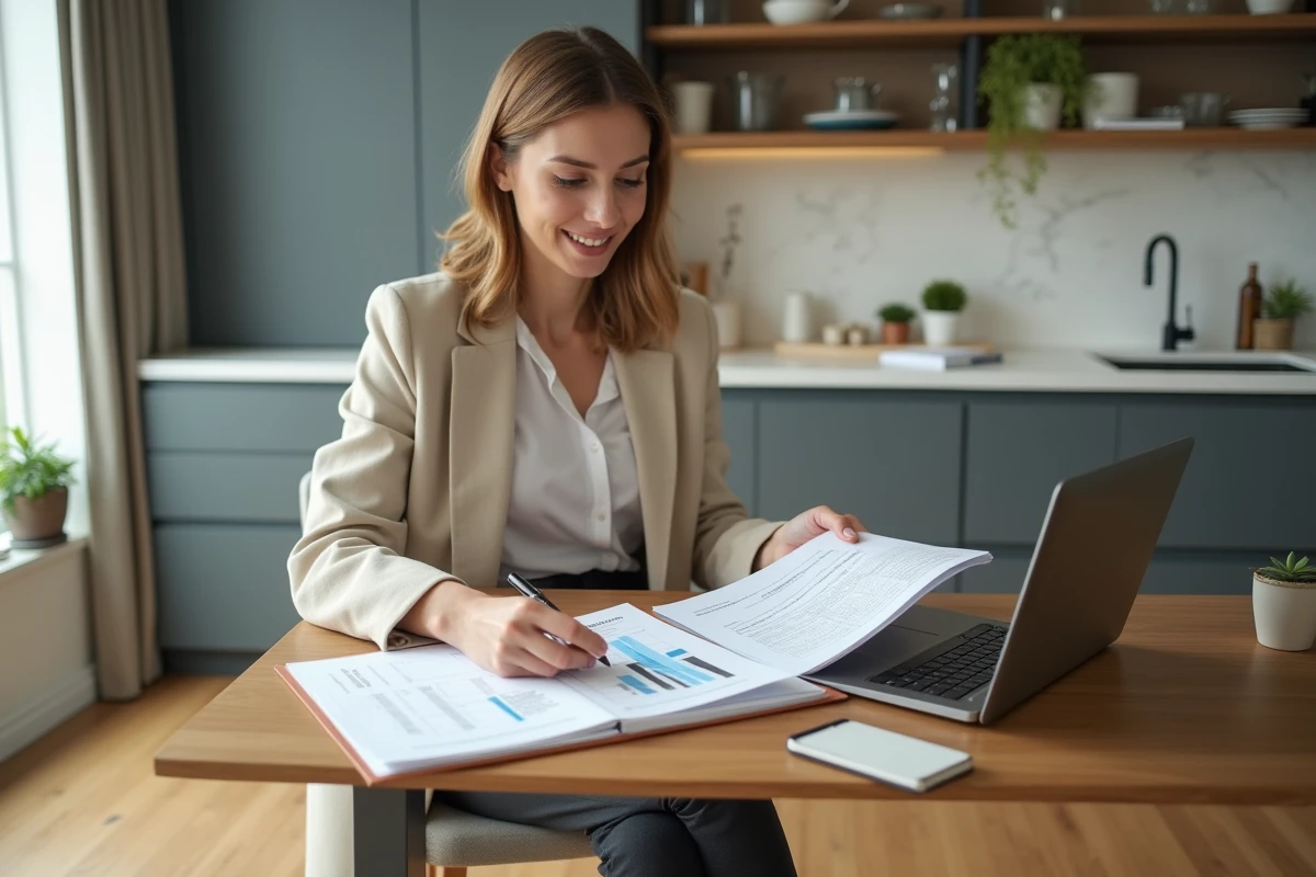 Femme préparant ses documents immobiliers à son domicile avant un premier rendez-vous avec un agent