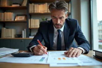 Professionnel immobilier analysant des documents de TVA sur un bureau encombré dans un cabinet notarial moderne