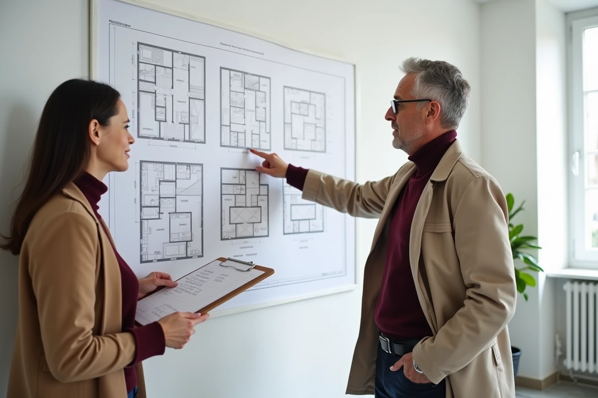Deux professionnels de l'immobilier analysant les mesures en mètres carrés sur un plan mural lors d'une transaction