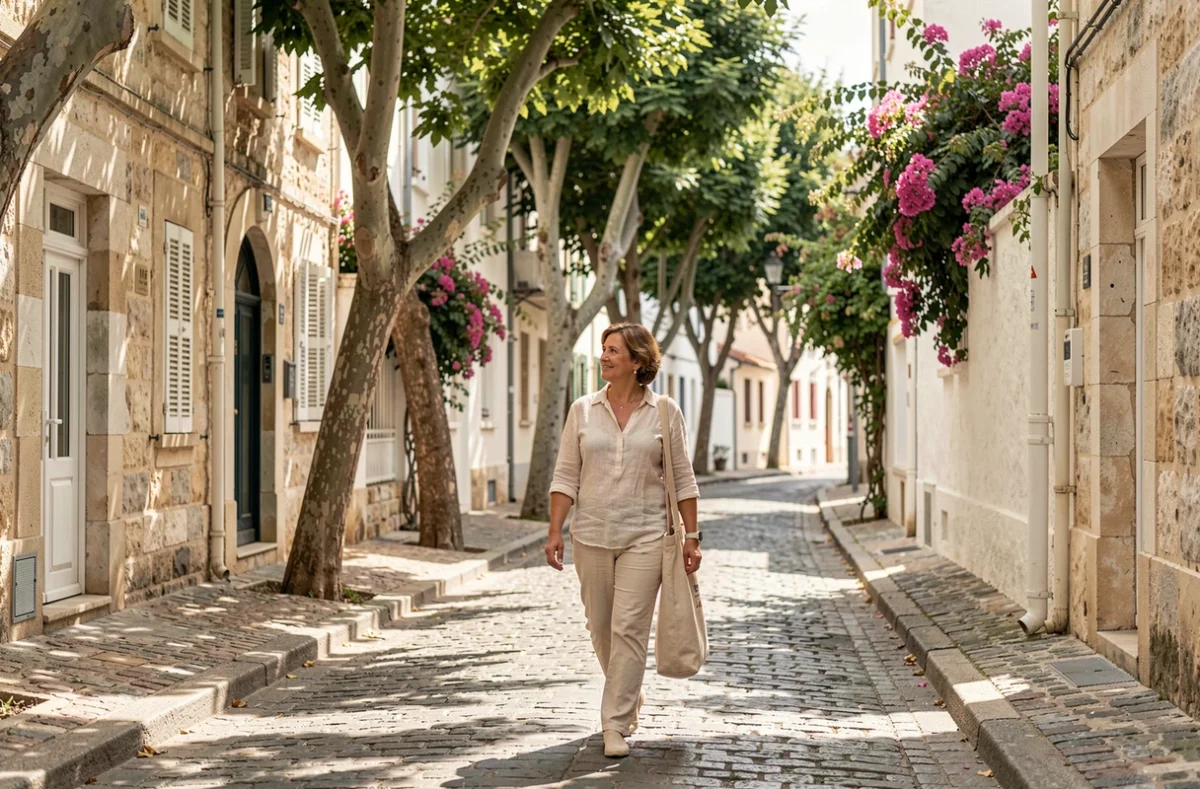 Femme se promenant dans une rue résidentielle typique des quartiers sud de Marseille avec maisons en pierre