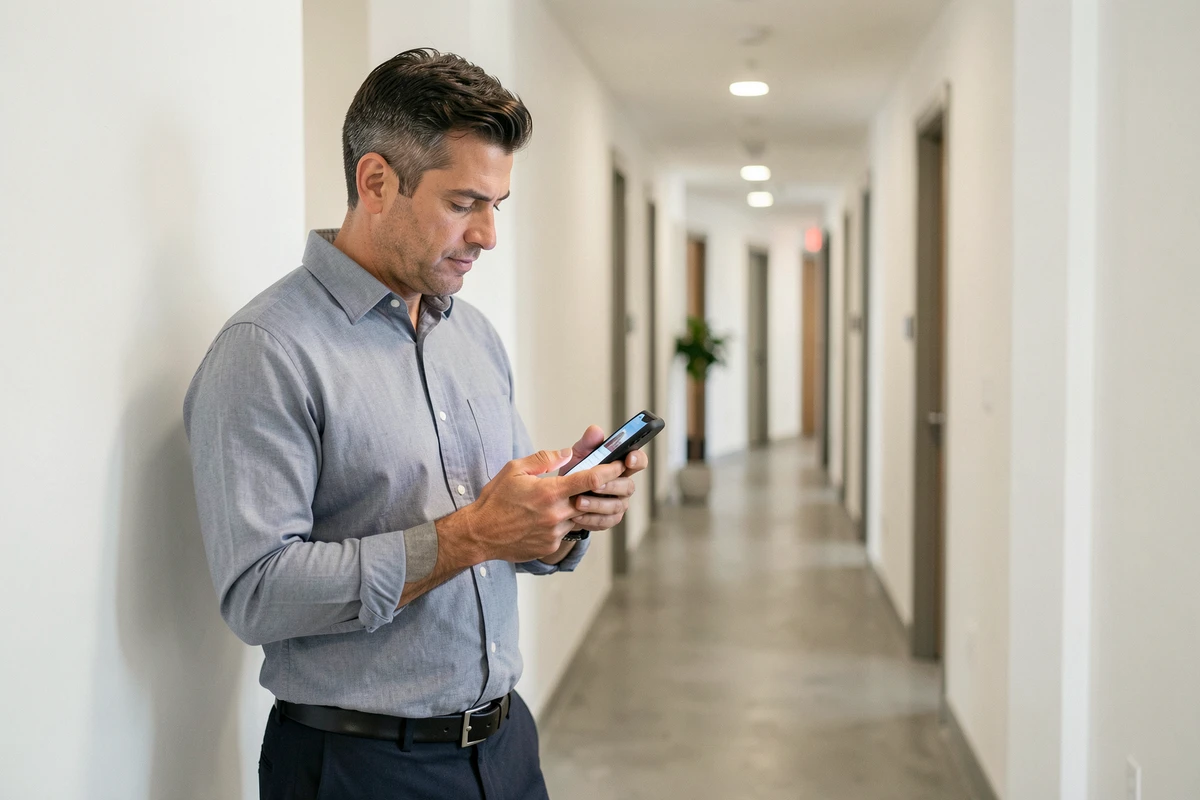 Propriétaire bailleur consultant l'application de gestion locative MyCitya sur smartphone dans un immeuble résidentiel moderne