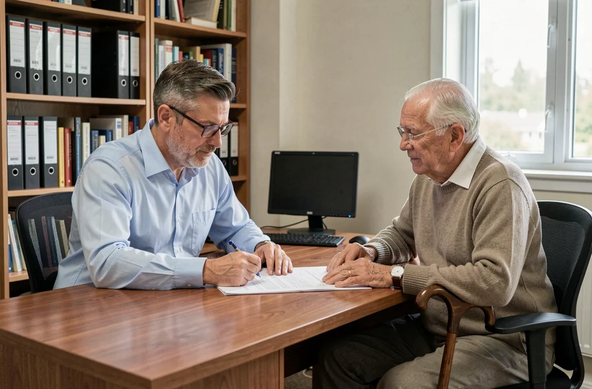 Propriétaire et locataire âgé discutant d'une révision de loyer dans une agence immobilière