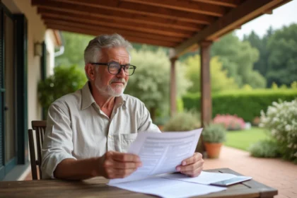Propriétaire examinant des documents de taxe foncière sur une terrasse couverte avec pergola en bois
