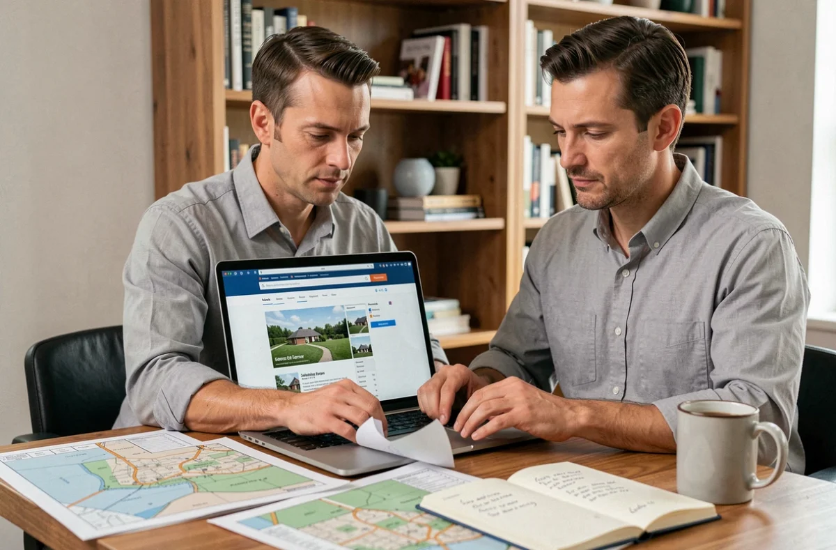 Homme recherchant le propriétaire d'une maison sur un site de cadastre immobilier depuis son bureau