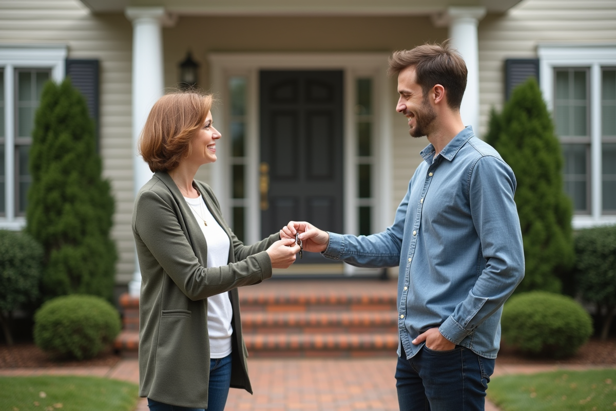 Propriétaire remettant les clés au locataire devant la maison