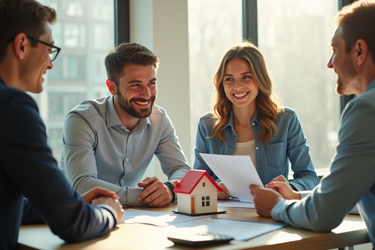 Jeune couple rencontrant un banquier dans un bureau moderne